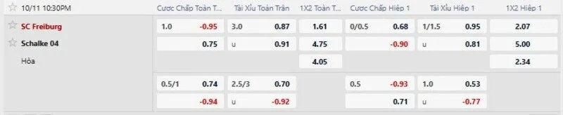 Bảng tỷ lệ kèo trận Freiburg vs Schalke 04